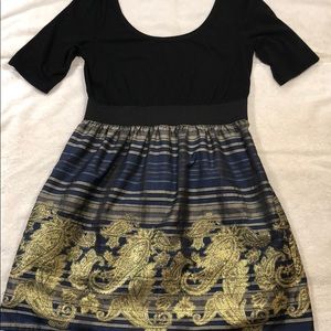 Xhiliration Black Blue Gold Dress Size Large